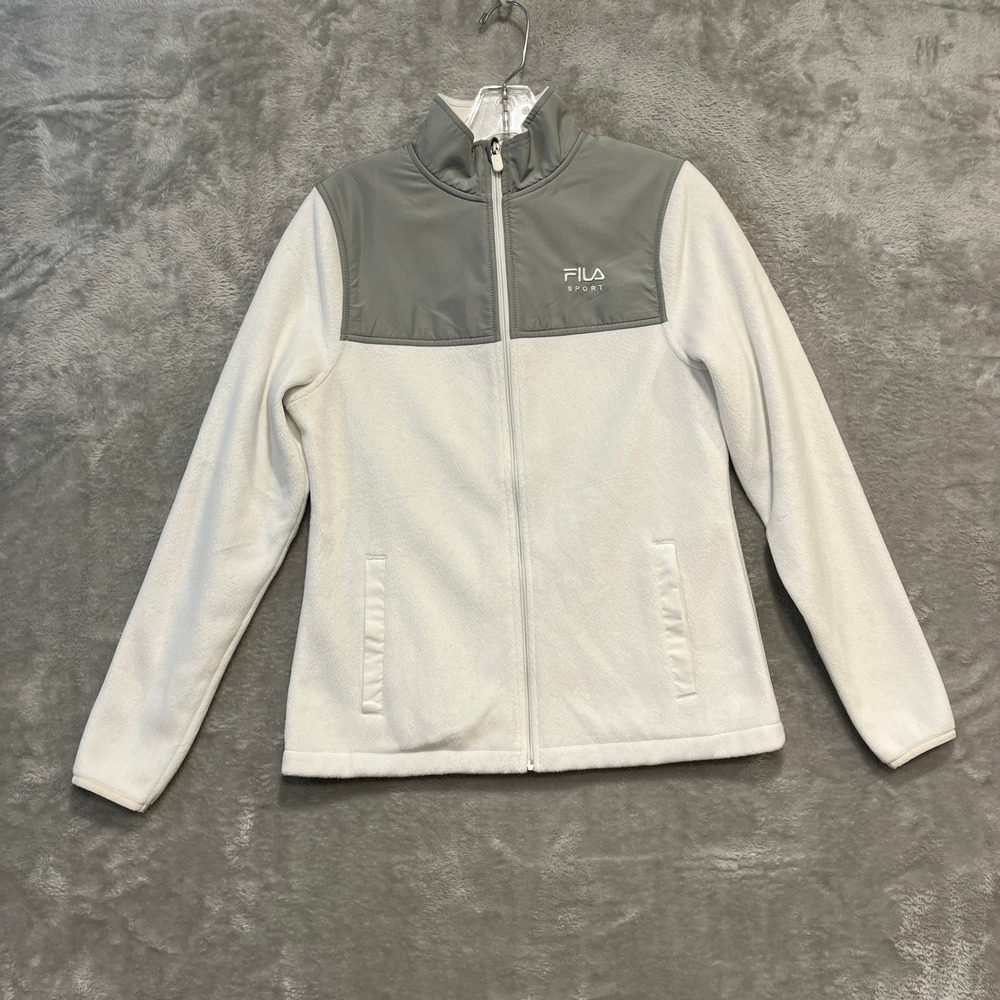 FILA SPORT Fleece Jacket Women XS White Grey Full Zip Mock Neck Yoke